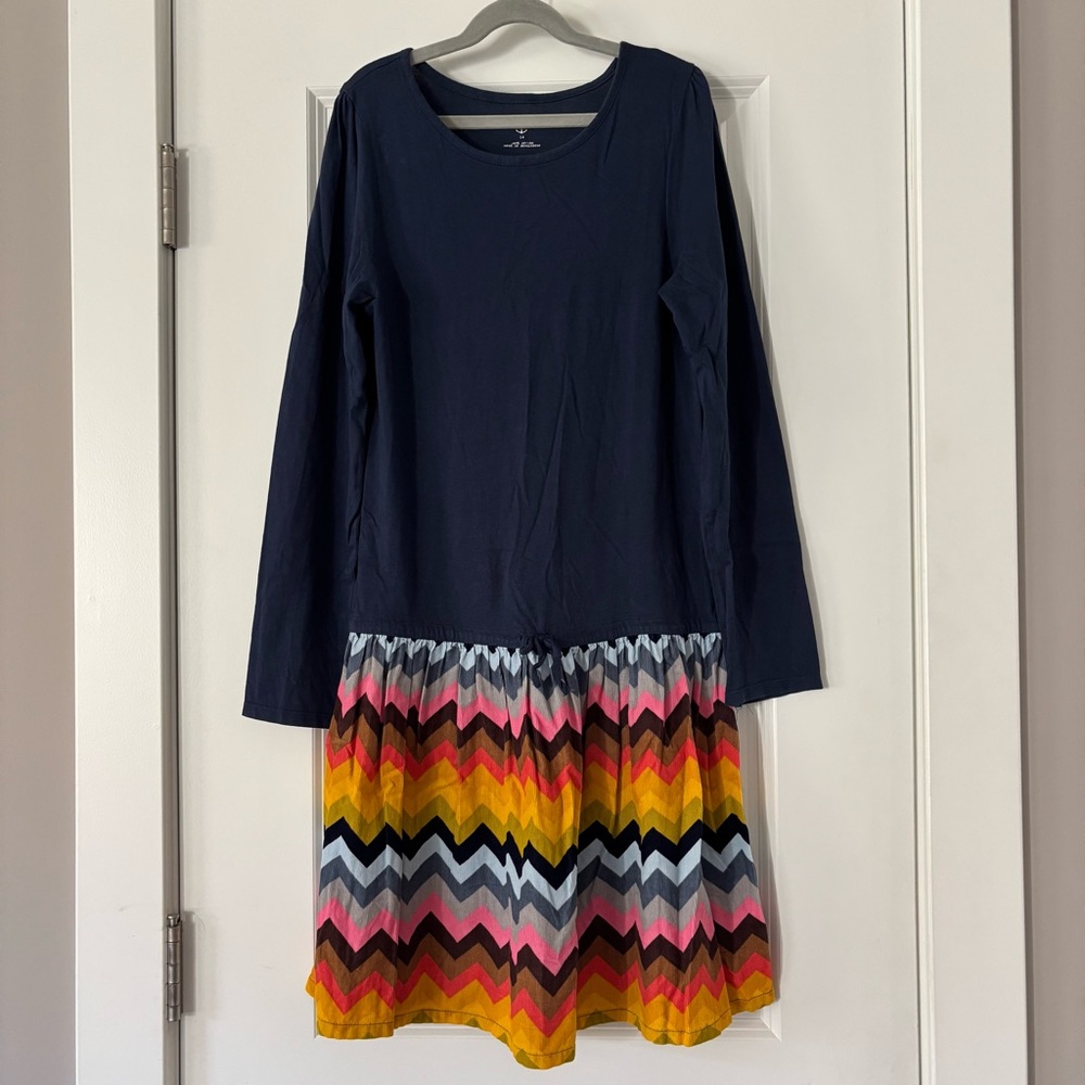 Lands' End Navy T-shirt Dress with Multicolored Skirt
